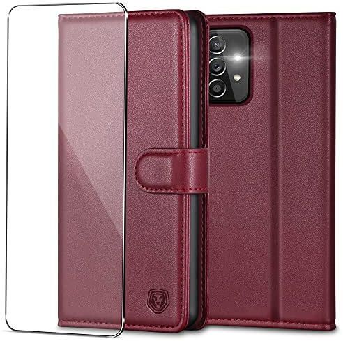 Handyhülle für Samsung Galaxy A33 5G Hülle mit Panzerglas Schutzfolie Premium PU Leder Klapphülle Brieftasche Kartenfach Ständer Magnet Etui Handytasche Case Schutzhülle für Samsung A33 5G - Weinrot