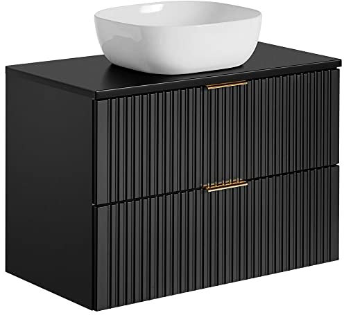 Lomadox Badezimmer Waschtisch-Unterschrank 80cm mit Keramik Waschbecken matt schwarz Rillenoptik, B/H/T 80,6/74,2/46,5 cm