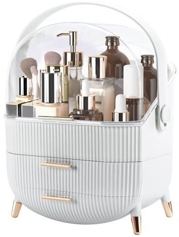 YGJT Make Up Organizer Organizer Schminke aus Kunststoff mit 3 Ebenen, Drehbarem Griff & Durchsichtigem Deckel - Wasser- & Staubdichte Kosmetik Aufbewahrung Weiß