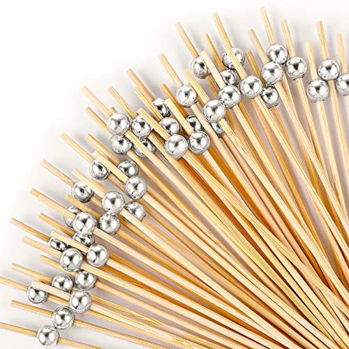 100 palillos de cóctel de 4.7 pulgadas, elegantes palillos de cóctel para aperitivos, pinchos, palillos de cóctel de bambú para decoración de fiestas, palillos de comida de perlas doradas para