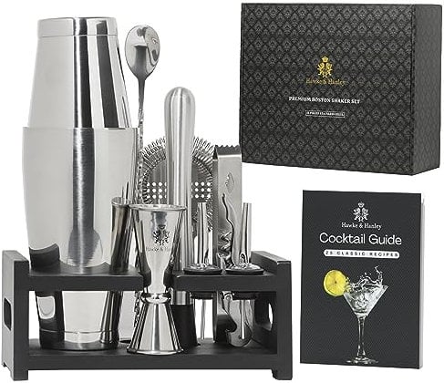Hawke & Hanley Premium Boston Cocktail Shaker Set Bartender Kit - 12 Piece Mixology Bar Set with Weighted Boston Shaker, Bar Tools and a Black Bamboo Stand | Housewarming Gift Ideas