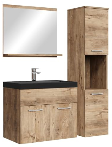 Badplaats B.V. Meuble de Salle de Bain Montreal 60 cm lavabo Noir - Chene chataignier - Armoire de Rangement Meuble lavabo evier Meubles