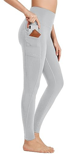 BAYGE Damen Thermo Sport Leggings Winter Hohe Taille Fleece Gefüttert Wasserdicht Blickdicht Bauchkontrolle Slim Fit Yogahose Thermo Sporthose Sweathose Fitnesshose mit Taschen, Hellgrau, XL
