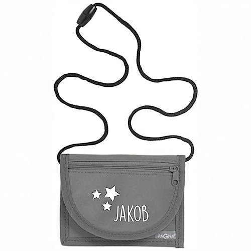minimutz Geldbeutel Kinder mit Sichtfenster zum Umhängen | Personalisiert mit Name & Sterne | Brustbeutel Geldbörse Kindergeldbeutel mit Münzfach & Klettverschluss für Mädchen Jungen (grau)