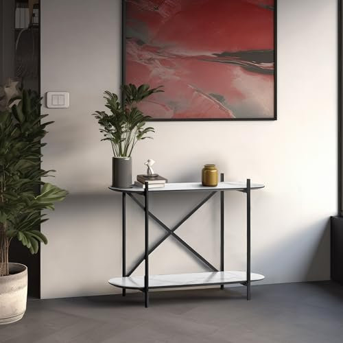 Wohnando Konsolentisch weiß Athena 100x33x76cm, Sideboard Wohnzimmer mit Mamor Optik, Beistelltisch schmal, Flur und Vorzimmer, Schwarze Metallbeine