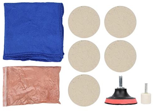 Set de Pulido de Vidrio, Incluir 100 g de Polvo de Cerio, Almohadilla de Pulido de Lana, Disco de Pulido para Adaptador de Taladro de 6 mm, Rueda de Lana,Toalla,Kit de Pulido de Vidrio para Parabrisas