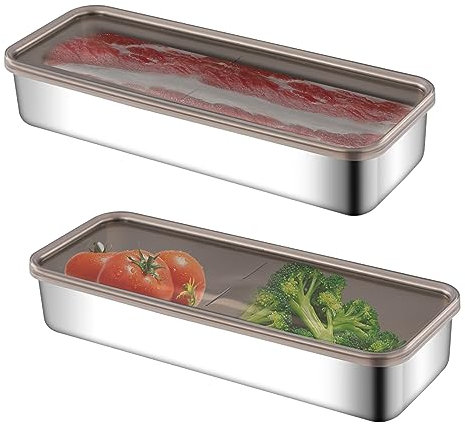 mumisuto Paquete de 2 Recipiente de Almacenamiento de Carne,Caja de Almacenamiento Frigorífico con Tapa,Organizador Nevera Preservación Alimentos,Adecuado para Almacenar Cárnicos(26.5 * 10 * 4.6cm)