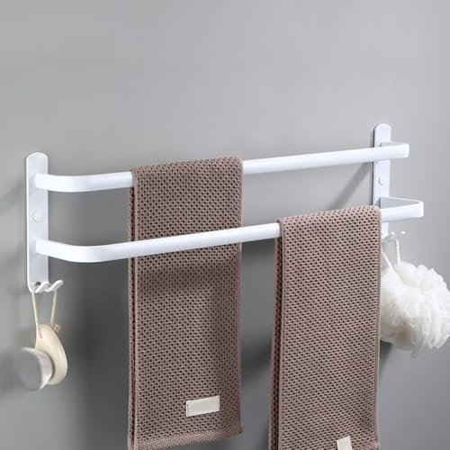nvdsivee Handtuchhalter Ohne Bohren Weiß Handtuchstange Wand zum Kleben für Bad Küche Badetuchhalter Aluminium mit 2 Haken Handtuchablage Weiß 2 Schichten 50cm