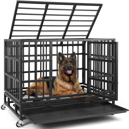 VOWNER Jaula Pesada para Perros, Antiescape Grande Jaula de Mascotas para Perros Medios y Grandes, con Bandeja Inferior Extraíble y 4 Ruedas con Cerradura, Puerta Doble, Fácil de limpiar, 97x 63 x77cm