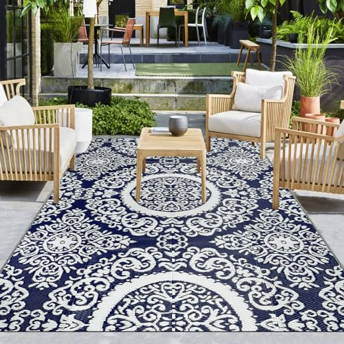 Capslpad Wasserdicht Outdoor Teppich 180x270cm Reversible Kunststoff Strohmatte Wendematte Tragbarer Campingbereich Gegend Teppich für Picknickteppich RV Deck Garten Strand Dekor, Schwarzes Kamel