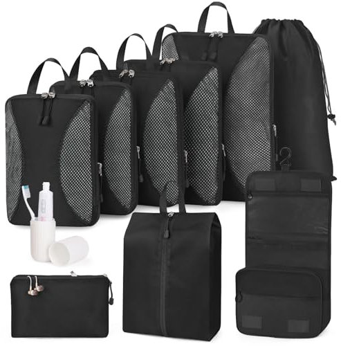 Anjing Packing Cubes Compression - 10-teiliges, Koffer Organizer Set mit Kompression, Komprimierbaren Packwürfeln zur Organisation, Packwürfel für Koffer,Black