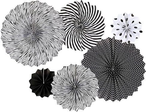 Hanging Paper Fans, 6 Pcs Hanging Ceiling Wall Decor Paper Fans for Festival Carnival Birthday Wedding Graduation Classroom Party Decorations (Black White)