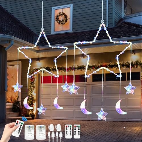 HEYIDAMAI Weihnachtsbeleuchtung Sterne Fenster, 2 Stück LED Beleuchtung Weihnachten Fenster, LED Stern Fenster Weihnachten mit 8 Blinkenden Modi & Fernbedienung,Batterie & USB Shining Ribbon Fairy