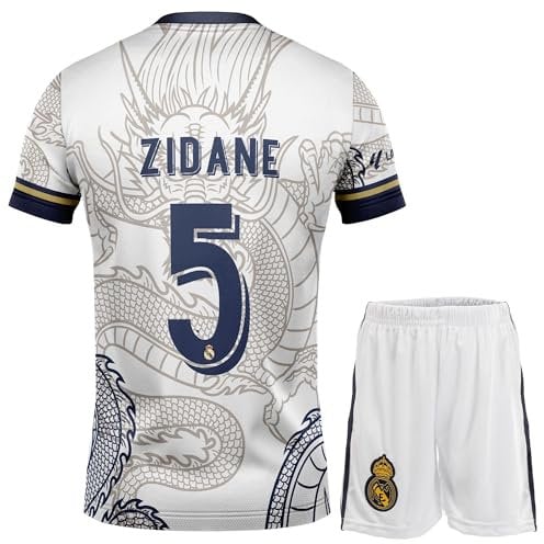 NIHMEX Madrid Legende Zidane #5 Retro Weißer Drache Limitierte Sonderedition Seltenes Fußball Kinder Trikot Shorts Set Jugendgrößen (Weiß,152)