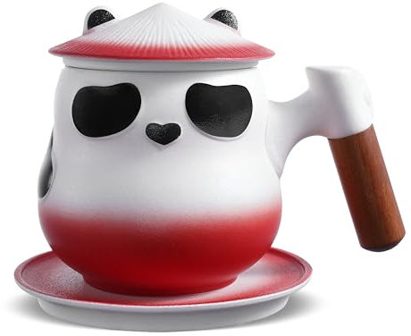 ZENS Novelty Panda Tea Cup with Infuser and Lid, 11oz Kawaii Women Red Tea Strainer Cup with Coaster for Loose Leaf Tea Brewer, Wood Handle Ceramic Hot Tea Mug for Christmas Gifts, Mothers Day