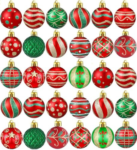 30 Stück Christbaumkugel Set,Weihnachtskugeln Christbaumschmuck Weihnachtsbaum mit Kugeln dekorieren Baumspitze für Weihnachtsdeko(Rot und Grün)