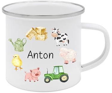 Bärenfreunde - Personalisierte Emaille Tasse Kinder mit hochwertigem Spezial-Druck – Bruchsicher, Leicht & Umweltfreundlich – Perfekt für Zuhause, Kindergarten oder Camping (Bauernhof rund)