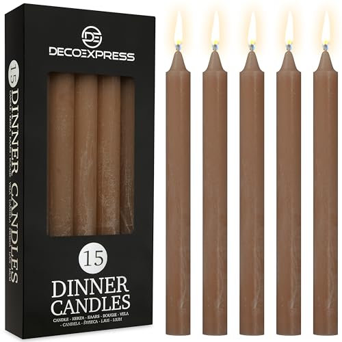 DECO EXPRESS Stabkerzen Kerzen Set 15er Pack Handgemachte Rustik Kerzen Geruchslos Lange Brenndauer bis zu 9 Stunden Tropffreie Tafelkerzen (Braun - 15er-Pack)