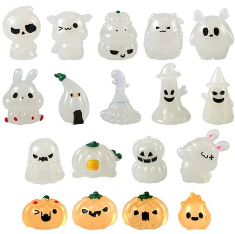 18-teiliges Halloween-Mini-Harzdekor, Miniatur-Harz leuchtender Geist winziges Harz leuchtende Kürbis-Ornamente Dekor für Garten Landschaft Heimdekoration und Partykuchen