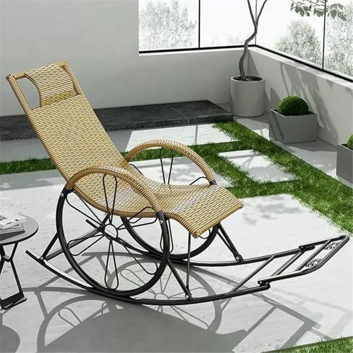 JIESOO Schaukelstühle PE-Rattan Schwerelosigkeits-Terrassen-Chaiselongue Wetterfester Schaukelstuhl Korbgeflecht Mit Stahlrahmen Sanfter Schaukelstuhl for Die Veranda,Hinterhof Und Den Pool(Gold)