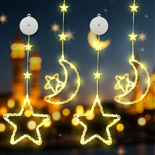 Hekasvm Ramadan Deko Lichter, LED Fenster Deko Beleuchtung mit Saugnäpfe und Timer, 8 Modi Batteriebetrieben Warmweiß Fensterbeleuchtung Mond und Sterne Für Party Hochzeit Ramadan Geschenke