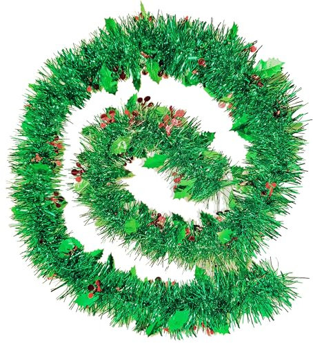9PCS x 2M Guirnaldas Navideña Guirnalda de Oropel de Navidad con Bayas Rojas Holly Hojas Grinalda Natal pour Puertas y Ventanas del árbol de Navidad, Decoración Interior y Exterior Chimenea, Verde