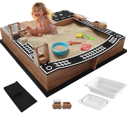 IDEA FAMILY Kids Wooden Sandbox with Magnetic Sand Carrier Truck & Fun Obstacle Course Outdoor Sand Box with Water Play Collapsible Bucket,Large Storage Space,Bottom Liner for Kids Backyard Patio Lawn