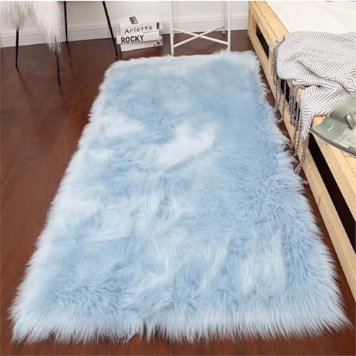 champracer Teppich plüschteppiche Waschbar Fellteppich Weiß Langflor Wohnzimmerteppich Flauschig Kunstfell Hochflor-Teppich Dekofell für Schlafzimmer,Kinderzimmer (Hellblau,60 * 90 cm)