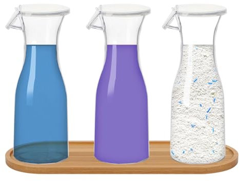 3pcs Liquid Laundry Detergent Dispenser,Fabric Softener Storage Bottle with Bamboo Tray,Washing Powder Storage with 16 Waterproof Label for Laundry Room Organization