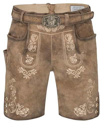 Schöneberger Trachten Couture Herren Lederhose kurz mit Trachtengürtel, traditionelle Vintage Trachtenhose für Oktoberfest aus Nubukleder, Lugano (58)