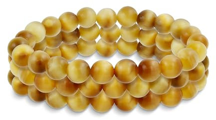 Bling Jewelry Set di tre braccialetti elastici con perline rotonde in occhio di tigre dorato da 8MM in pietra semi-preziosa per donne, uomini, adolescenti, unisex, singolo filo.