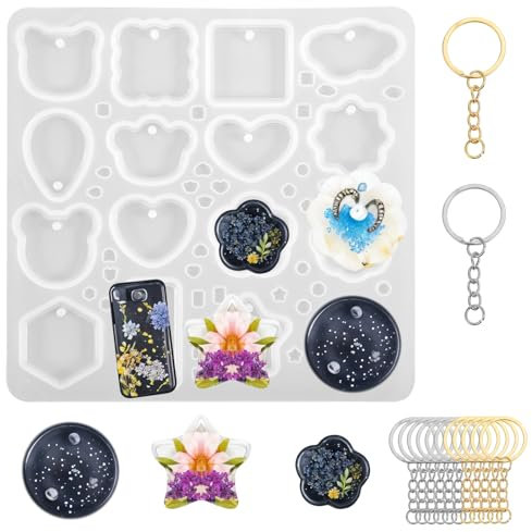 Nogeqi Silikonformen Schmuck Set Anhänger Epoxidharz Formen Silikon Gießform für Schmuck mit 10 Schlüsselanhänger, Silikonformen Gießformen Herz, Resin Silikonform für DIY Anhänger Halskette Basteln