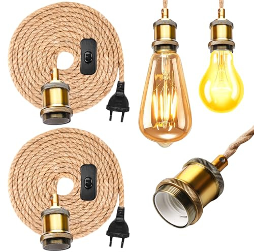 2 Stück Vintage Hängelampe mit Stecker, Pendelleuchte mit Stecker, E27 Vintage Lampenkabel HäNgende Leuchte, Lampenkabel mit Schalter mit 4.6M Hanfseil Plug, DIY Einzelkopf Kabel Seil HäNgeleuchte