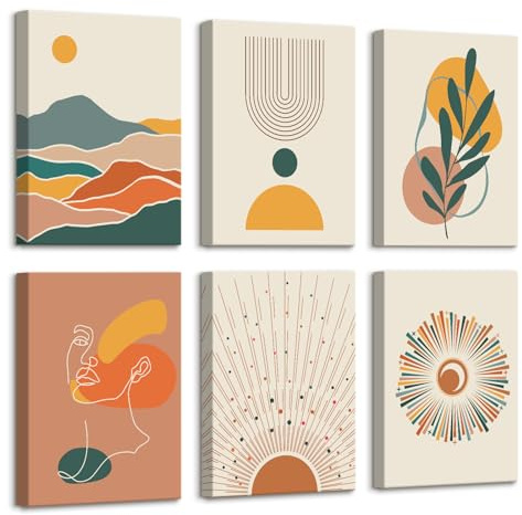 6Pcs Marco de madera Cuadros Decoracion Salon Modernos Boho Beige Líneas Geométricas Lienzo Pintura Boho Bohemio Plantas Coloridas Imagen Foto Cuadros Decorativos Salon Dormitorio Pasillo 20x30cm x6
