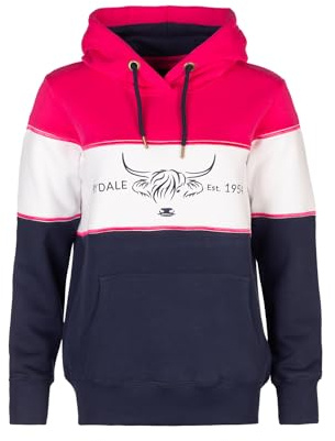 Rydale Ladies Overhead Country Hoody Highland Cow Embroidery Women's Jumper (UK, Numeric, 18, Regular, Regular, Cow Navy/White/Bonbon)