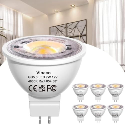 Vinaco LED Glühbirne MR16 4000K Naturweiß, 6er Pack Langlebig GU5.3 LED 12V 70W Ersatz, Flimmerfrei 700LM MR16 7W, Nicht Dimmbar MR 16 GU5.3 38°-Strahler für Innen- und Außenanwendungen
