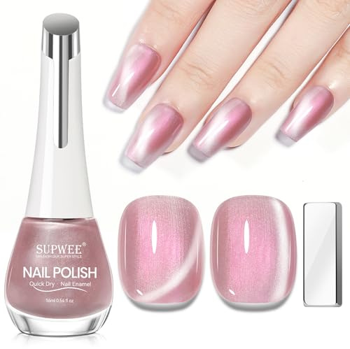 SUPWEE Cat Eye Nagellack mit Magnet, Hochglanz Hellrosa Magnet Nagellack | Katzenaugen Effekt Quick Dry Nail Polish Geeignet für DIY Nagelkunst Frauen 16ML