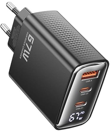 toocki Cargador 67W GAN+, 3 Puertos, Pantalla Digital, USB-C/A, Negro | PD Carga Rápida, 2x USB-C + 1x USB-A, Diseño Compacto, Ideal Viajes, Compatible iPhone 17 Pro Max/Galaxy S25/MacBook Air