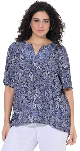 Ulla Popken Damen große Größen Übergrößen Plus Size Tunika, Muscheln, A-Linie, Tunika-Ausschnitt, Halbarm Tintenblau 62+ 847787740-62+