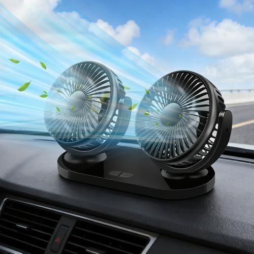 Dual Head USB Car Fan, 12V/24V Auto Car Cooling Fan with 3 Speeds, Car Fan for Backseat, 360 Degree Rotatable Backseat Cars for SUV, RV, Truck, Vehicles & Portable for Kitchen, Strolle, (140cm Cable)