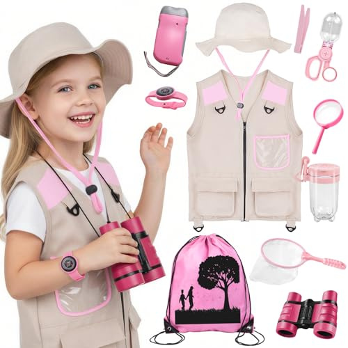 Xerteam Explorer Costume Kids, 11Pcs Safari Costume Paleontologist Costume with Explorer Hat, Vest, Binoculars, Butterfly Net, Outdoor Children's Camping Equipment for 3-10 Year Old Boys, Toy Gift