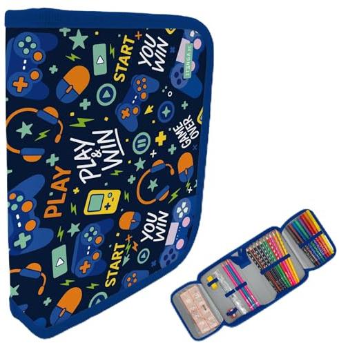 itenga Federmäppchen Jungen 28-teilig gefüllt – Schüler-Etui 1-Zipper mit Stiften, Lineal & Zubehör – Mäppchen Schule Grundschule (Motiv Play and Win)