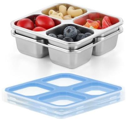 Misichao Stainless Steel Snack Boxes with 4 Compartments 2 Pack Sky Blue | Reusable Snack Containers Small Bento Lunch Box for Kids Adults Divided Meal Prep Containers for School Work and Travel