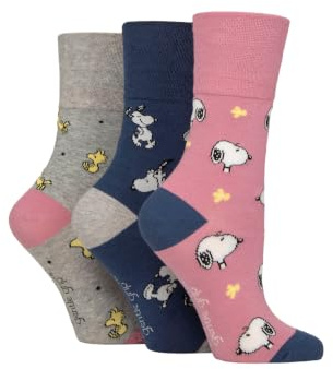 SockShop Gentle Grip Peanuts Snoopy Damensocken, 3 Paar, Größe 37–42, baumwollreich, mit Charakter-Motiven, als Geschenk geeignet