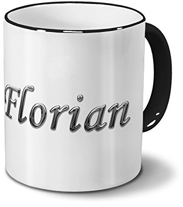 printplanet Tasse mit Namen Florian - Motiv Chrom-Schriftzug - Namenstasse, Kaffeebecher, Mug, Becher, Kaffeetasse - Farbe Schwarz