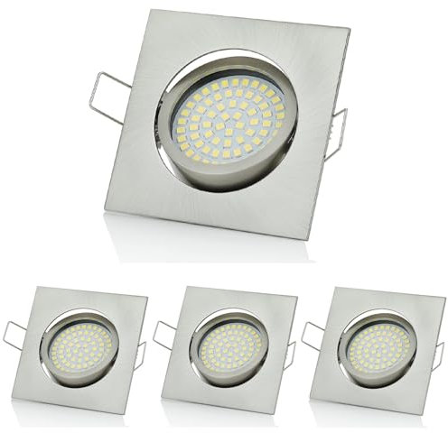 Sweet Led 4er sparpack Flaches Design LED Einbaustrahler Schwenkbar Ultra Flach 330 Lumen, 3,5W 230V Rund Eckig, Einbauspots Einbauleuchten Einbau led (Eckig chrom gebürstet - Warmweiß)