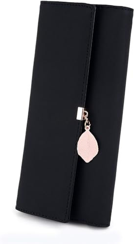 RRANCharltu Portefeuille Femme Longue Porte-Cartes Porte-Monnaie à glissière avec Feuille Pendentif en PU Cuir, 10 Emplacements Cartes pour Cadeau de Noël Saint-Valentin (Noir)