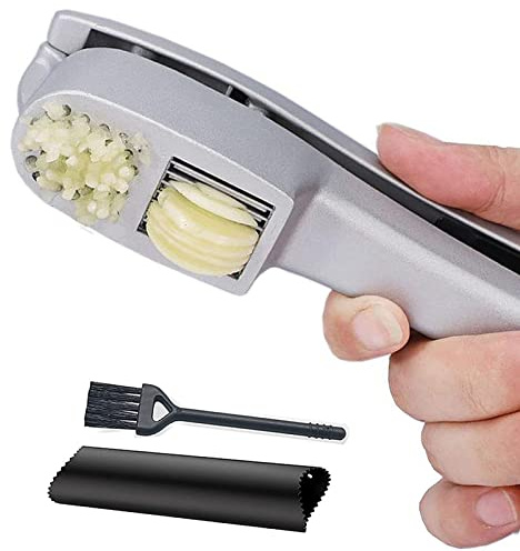 Prensa de ajo 2 en 1 picadora, trituradora y rebanadora con pelador y cepillo, resistente al óxido, apta para lavavajillas, mango ergonómico para una fácil compresión y limpieza