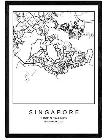 Nacnic Druck Singapur Stadtplan nordischer Stil schwarz und weiß. A3 Größe Plakat Das bedruckte Papier Keine 250 gr. Gemälde, Drucke und Poster für Wohnzimmer und Schlafzimmer