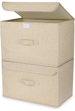 DIMJ 2 Stück Aufbewahrungsboxen mit Deckel, Faltbare Aufbewahrungskiste mit Griff, Aufbewahrungskorb Stoff, Ordnungsboxen Kleiderschrank Organizer, Faltbox für Kleidung, Beige